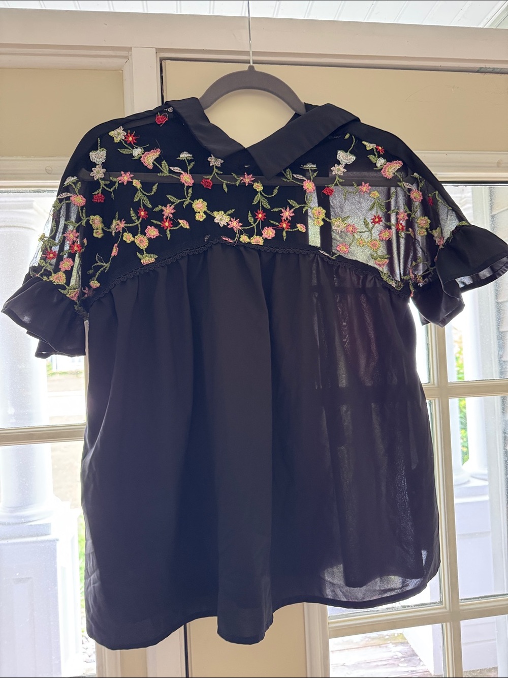 Black Sheer Floral Embroidered Blouse